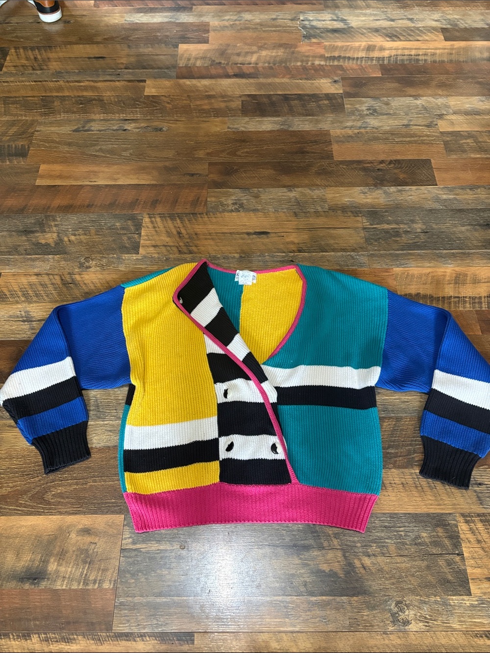 Vintage Knights Ltd Colorblock Cardigan Sweater in Yellow, Teal & Blue